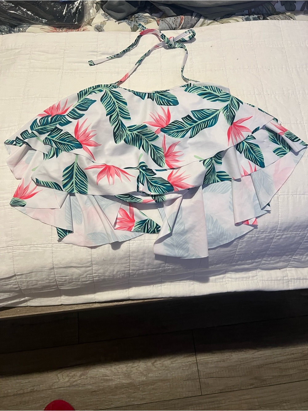 Beginning Boutique White Tropical Floral Ruffle Swim Top
